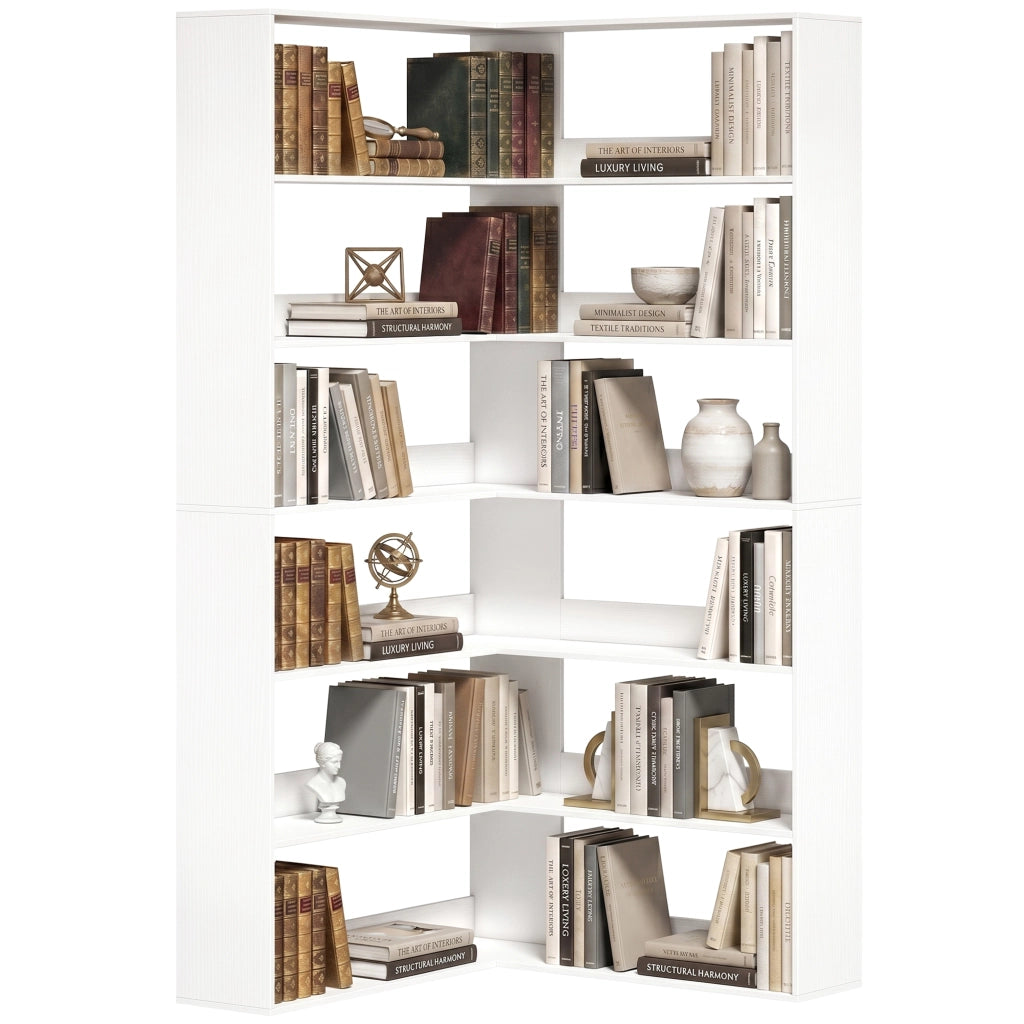 Libreria angolare a L 7 ripiani ¨C Xylo ¨C bianco effetto legno con protezione antiscivolo