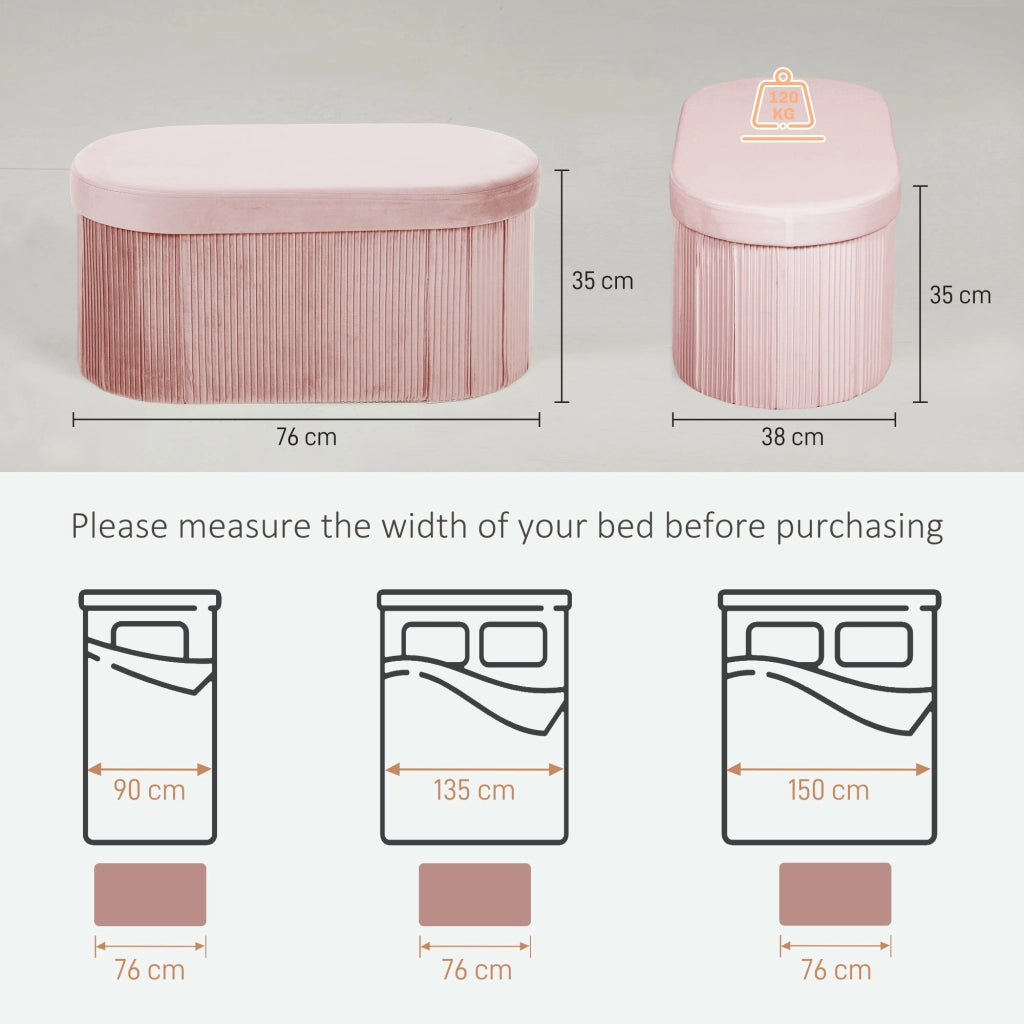 Pouf Contenitore Pieghevole 76x38x35 cm con Vano da 72L e Rivestimento in Velluto Rosa