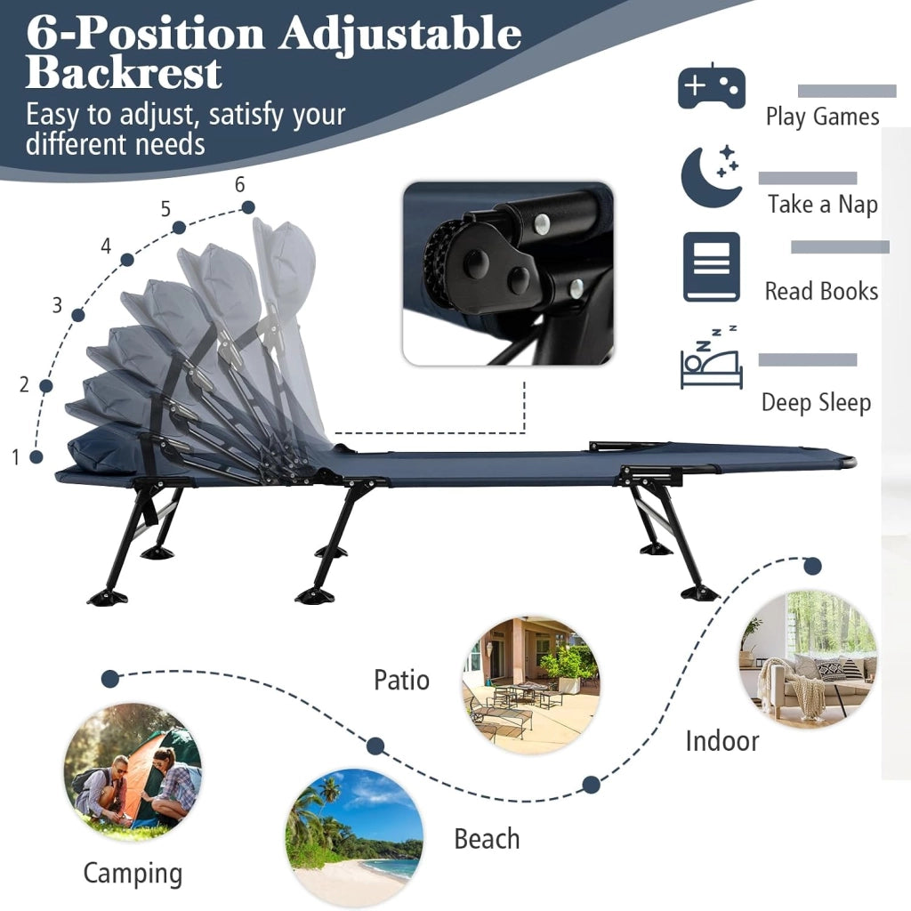 Lettino da Campeggio Pieghevole, Schienale Regolabile in 6 Livelli, Brandina con Materasso Rimovibile, Letto Portatile con Piedini Girevole a 360°, per Spiaggia, Carico 200 kg (Blu Navy)