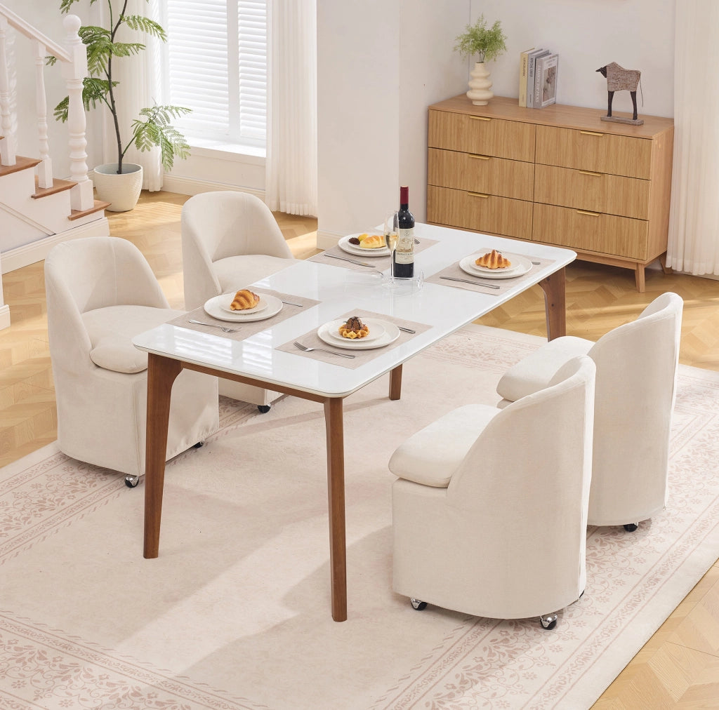 Set di 2 sedie da pranzo in chenille beige con ruote