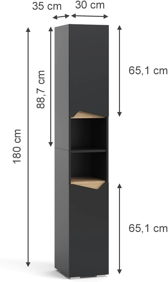 Armadio per il bagno Marelle, Antracite/Artisan, 30 x 180 cm con porte e vani aperti, per la conservazione di articoli da bagno e asciugamani