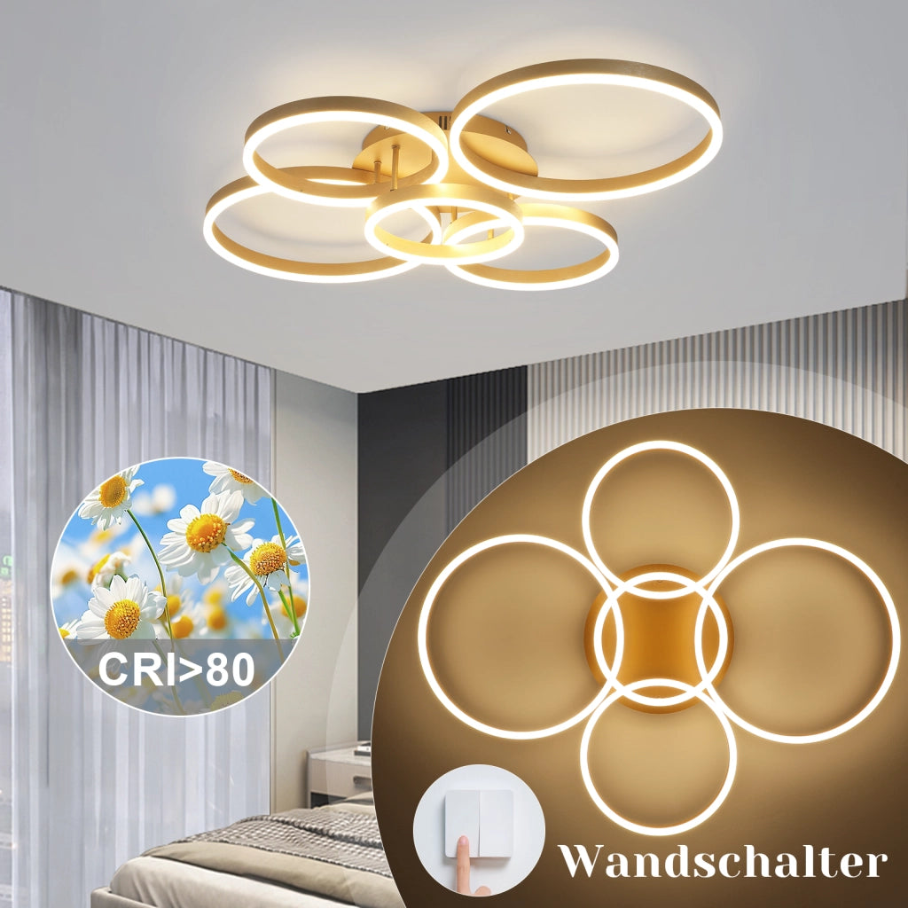 ZMH Lampada da soffitto plafoniera LED 78W dorata dimmerabile telecomando 5 anelli per soggiorno camera letto