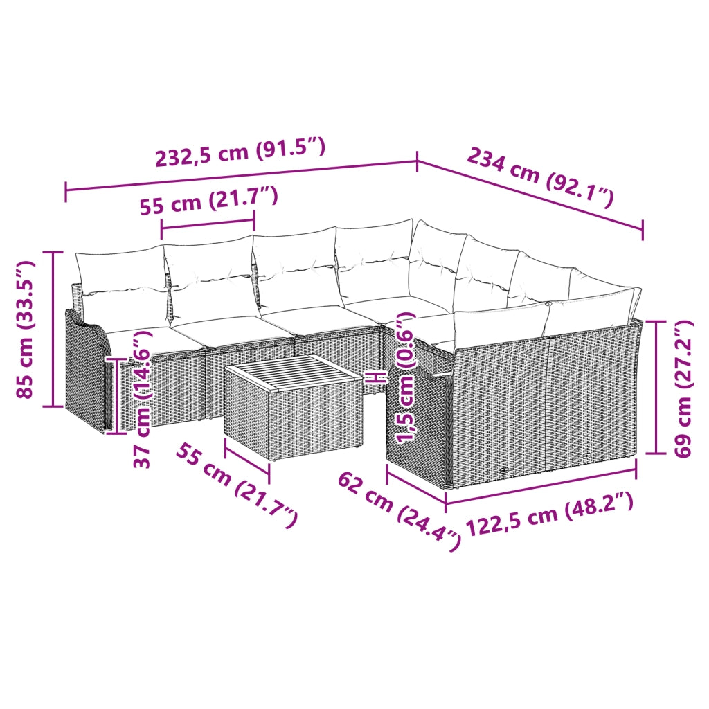 Set Divani Giardino  da 9 Pezzi con Cuscini Rattan Nero Acacia