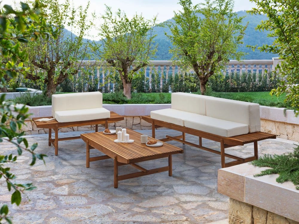 Set di divani da giardino Cuscini bianco sporco Legno di acacia Rustico per esterni 3 posti con tavolino