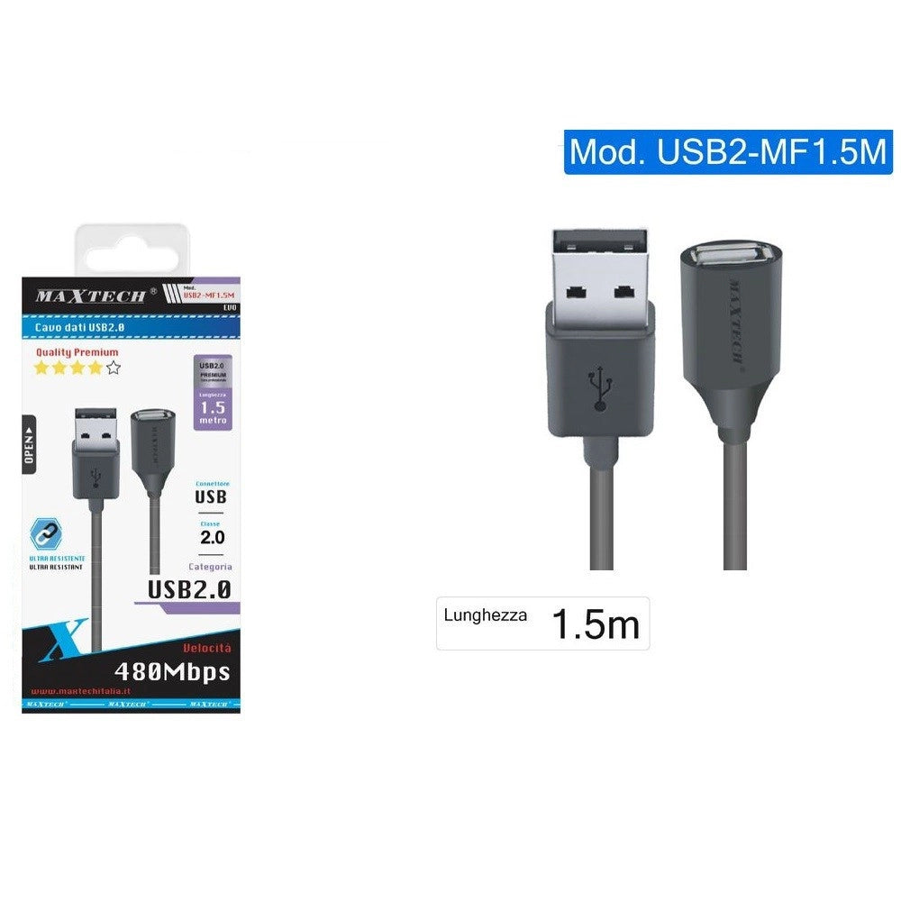 Trade Shop - Cavo Prolunga Usb 2.0 Maschio A Femmina Pc Computer 1,5mt Maxtech Usb2.0-mf1.5m -