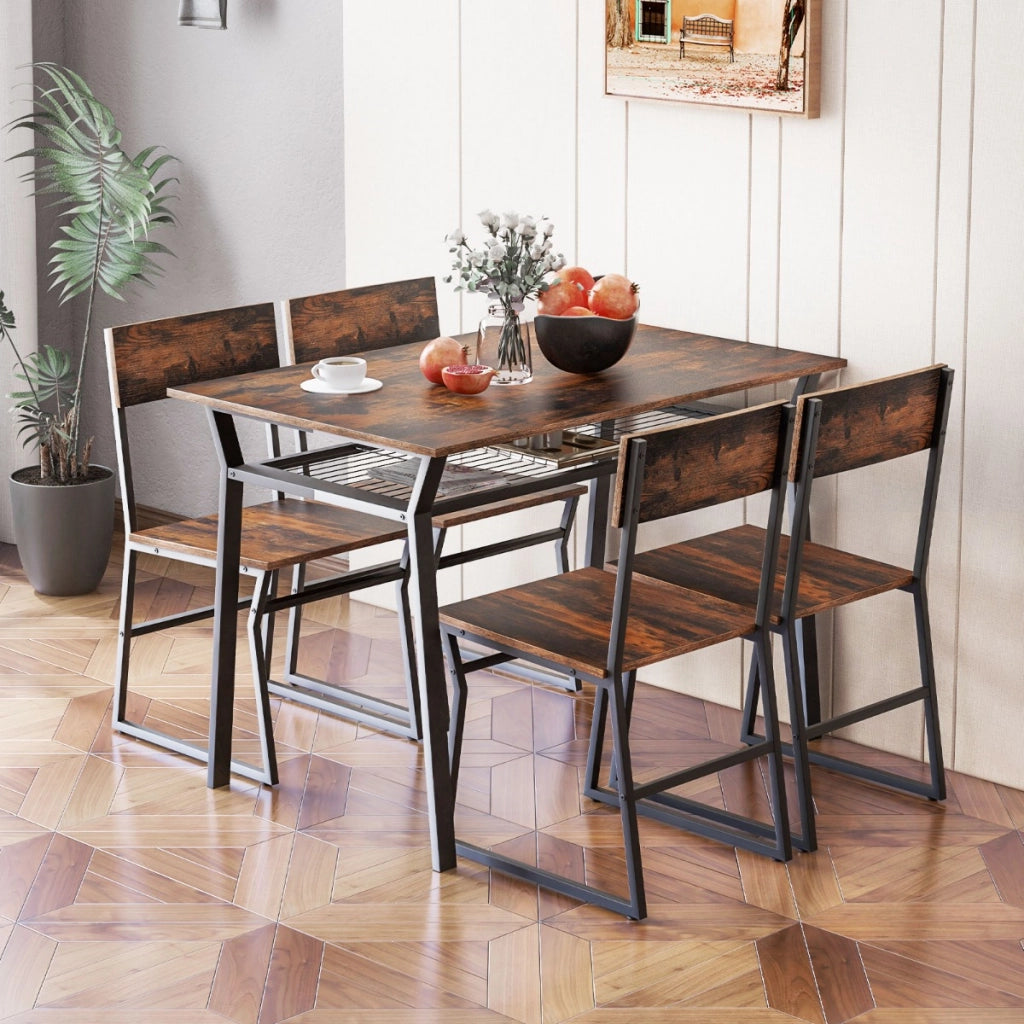 Set da tavolo da pranzo 5 pezzi, Tavolo da cucina con 4 sedie mensola portaoggetti e telaio in metallo Marrone-Tavoli e sedie da pranzo