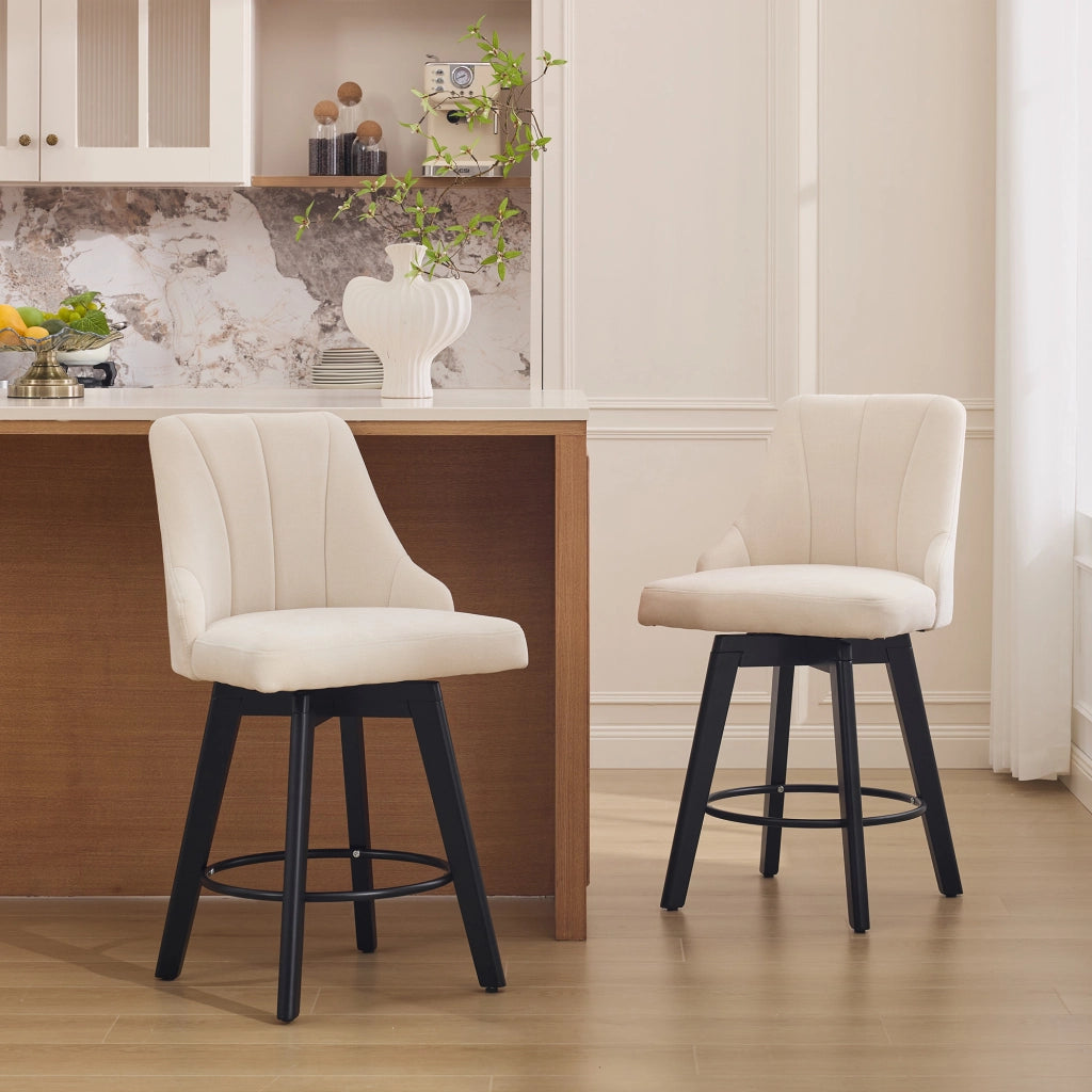 Sgabello da bar girevole 360° in ciniglia beige con schienale imbottito e poggiapiedi