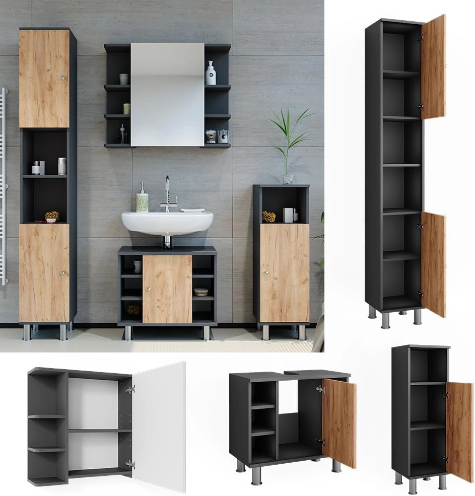 Set di mobili da bagno Fynn, Antracite/quercia dorata, 60 cm, composto da mobile lavabo, pensile a specchio, colonna e base media