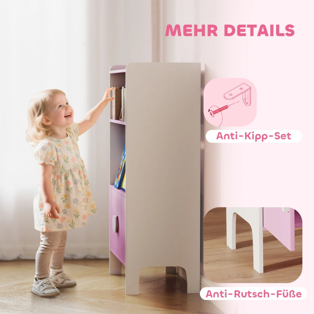 Libreria per bambini con 2 scaffali e 2 ante ¨C zephmum ¨C rosa e bianco