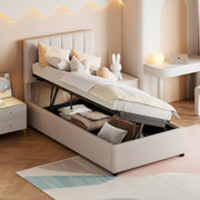 Letto imbottito per bambini 90x200 cm con contenitore idraulico; lino beige