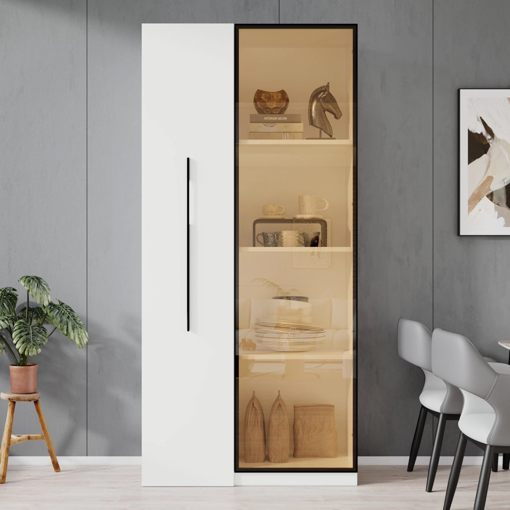 Mobile multifunzione 70x40x160 cm in MDF bianco con vetrina in vetro colorato e LED