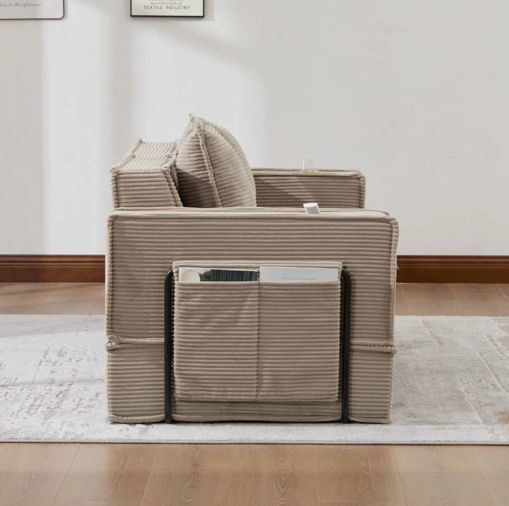 Divano ULEVR 162x78x66 cm in velluto a coste kaki con 2 cuscini e tasche laterali