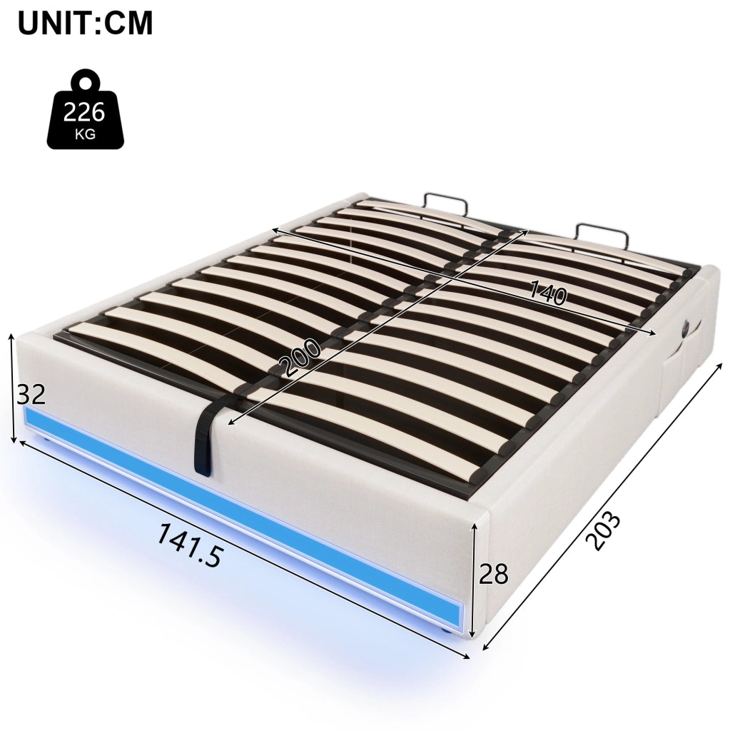 Letto imbottito 140x200 cm senza testiera con LED; USB e Type-C; contenitore idraulico; beige