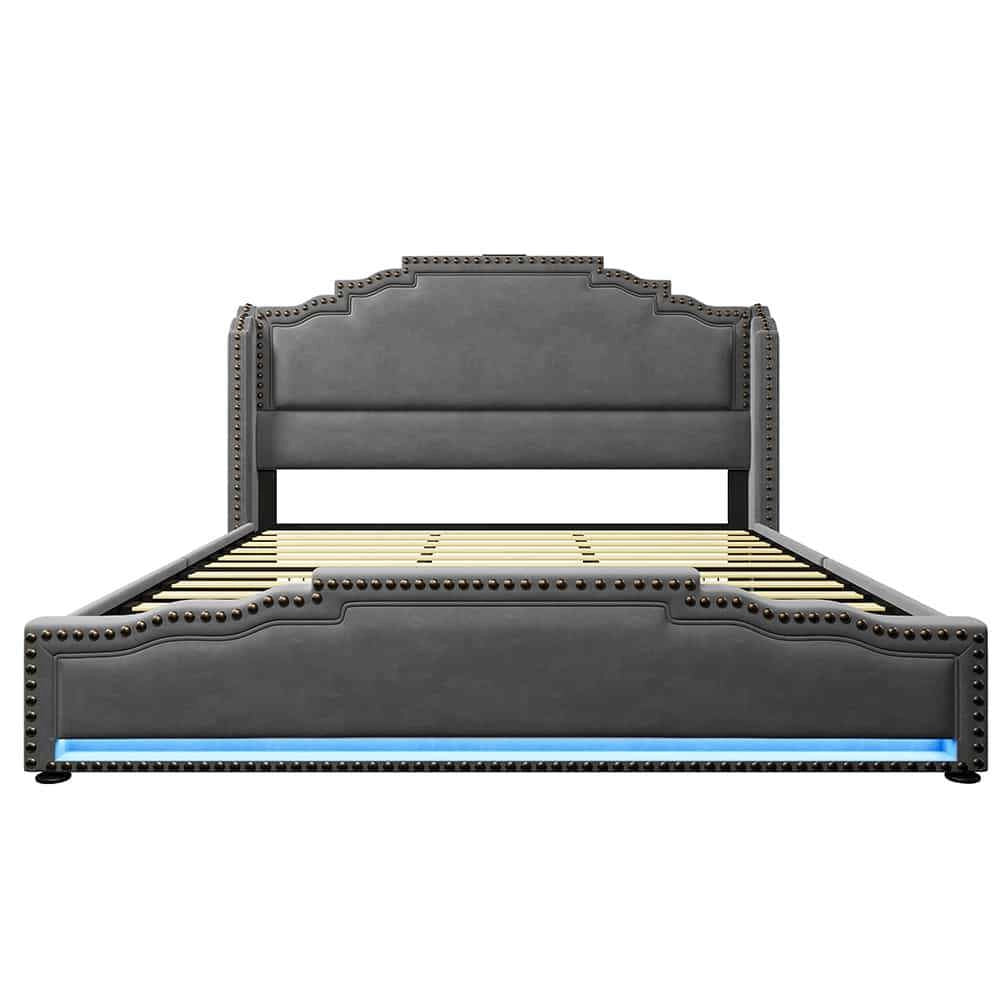 Letto matrimoniale-Xylo-180x200 cm-4 cassetti, LED, USB-C, velluto grigio, senza materasso