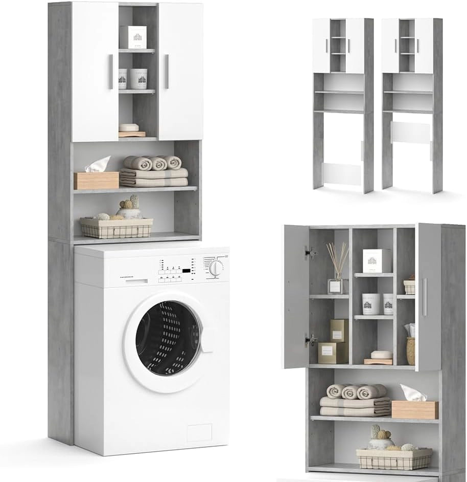 Mobile per lavatrice Luis, Calcestruzzo, 64 x 190 cm, per la conservazione di detersivi e accessori da bagno