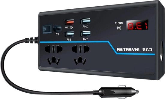 Converteitore DC-AC per auto per carica rapida 12V 24V a 110V 120V con uscita per presa di corrente e porta USB-C per laptop.