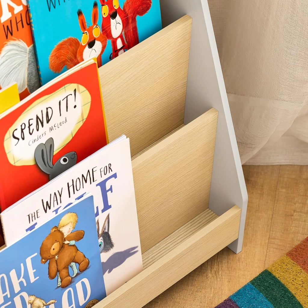 Libreria per Bambini Scaffale a Scala Scaffale Portaoggetti Libreria a Scala Grigio-Naturale 61x30x71cm KMB106-HG