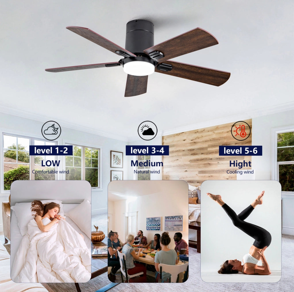 Ventilatore da soffitto 42 pollici a profilo basso con LED dimmerabile; nero e noce scuro
