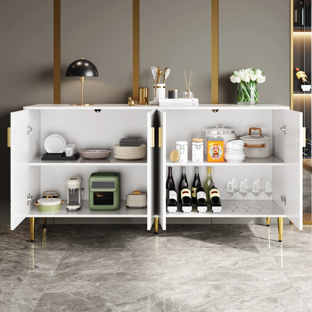 Credenza moderna bianca in MDF con design ondulato, struttura capiente e sistema antiribaltamento