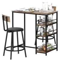 Set da Cucina da 3 Pezzi con Tavolo da Bar e 2 Sedie, con Mensole Laterali, MDF, Metallo, Nero