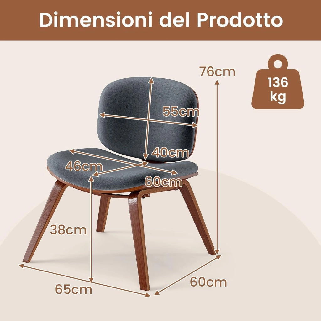 Sedia Relax con Schienale Curvo e Sedile Imbottito, Sedia Laterale con Struttura in Legno, senza Braccioli, per Sala da Pranzo, Soggiorno, Ufficio, Portata 136 kg (Marrone+Grigio Scuro)