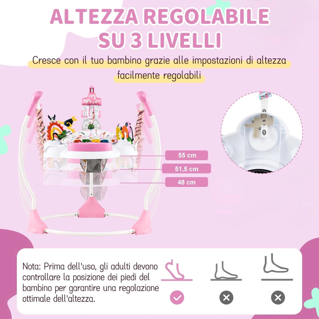 Jumperoo per Bambini, Saltarello Neonato con Altezza Regolabile, 6 Giocattoli Interattivi, Centro attività con Sedile Girevole a 360°, Gioco Saltellante con Suoni per Bambini 6+ Mesi (Rosa)