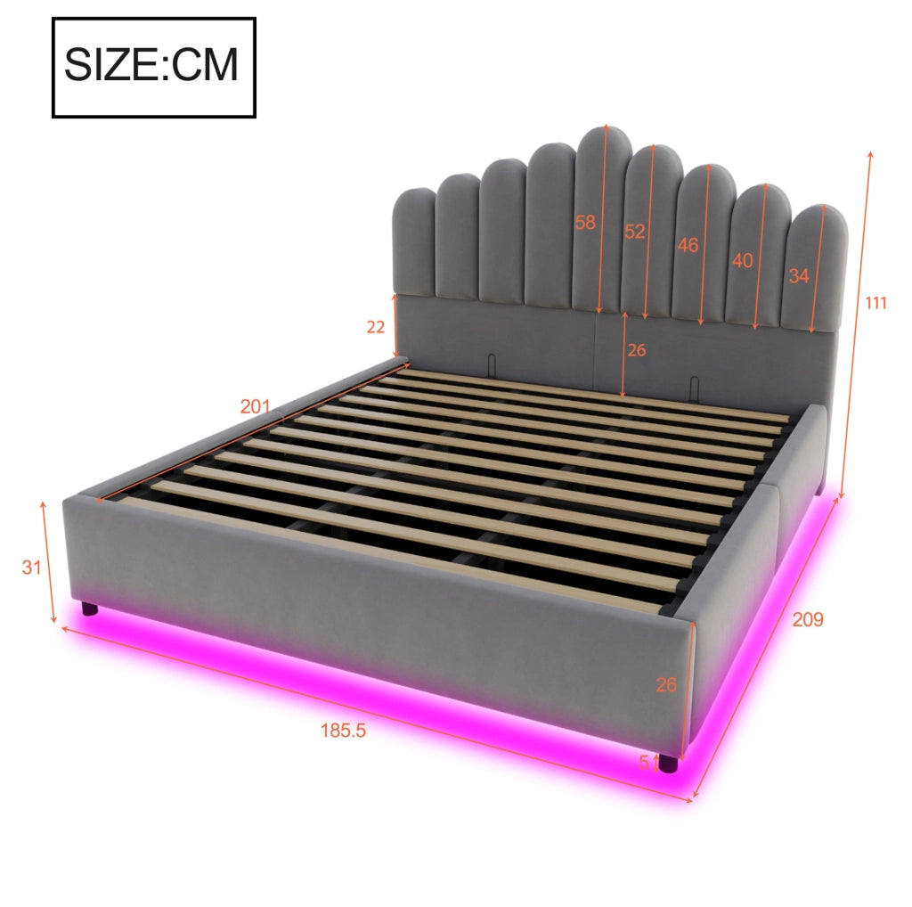 Letto matrimoniale imbottito 180 × 200 cm con contenitore idraulico e LED grigio