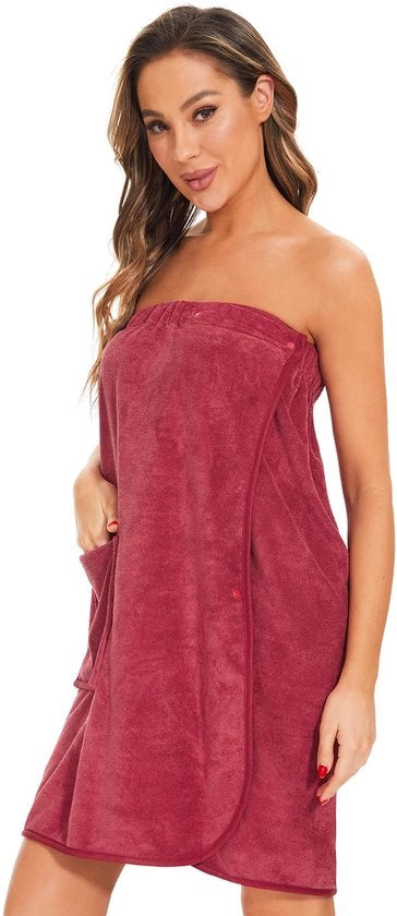 Sauna Badjas in Tessuto di Bambù, Asciugamano per Sauna per Donna, Sauna Kimono con Bottone a Pressione, Tasca e Cintura Elastica, Colore Vino Rosso
