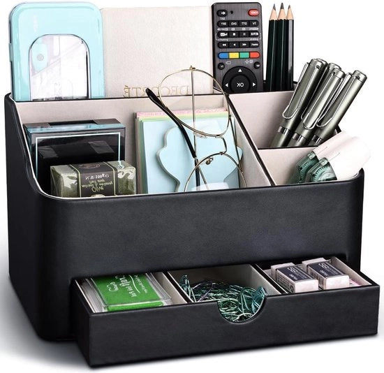Organizzatore di scrivania premium con 5 cassette e cassetti per l'organizzazione di scrivania a casa e in ufficio - Sistema di archiviazione multifunzionale - Nero