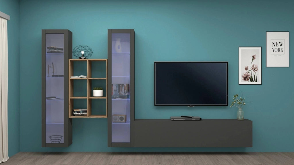 Mobile Soggiorno Lome, Parete Attrezzata 15 Ripiani Made in Italy, 320x30x180h cm Nero Antracite