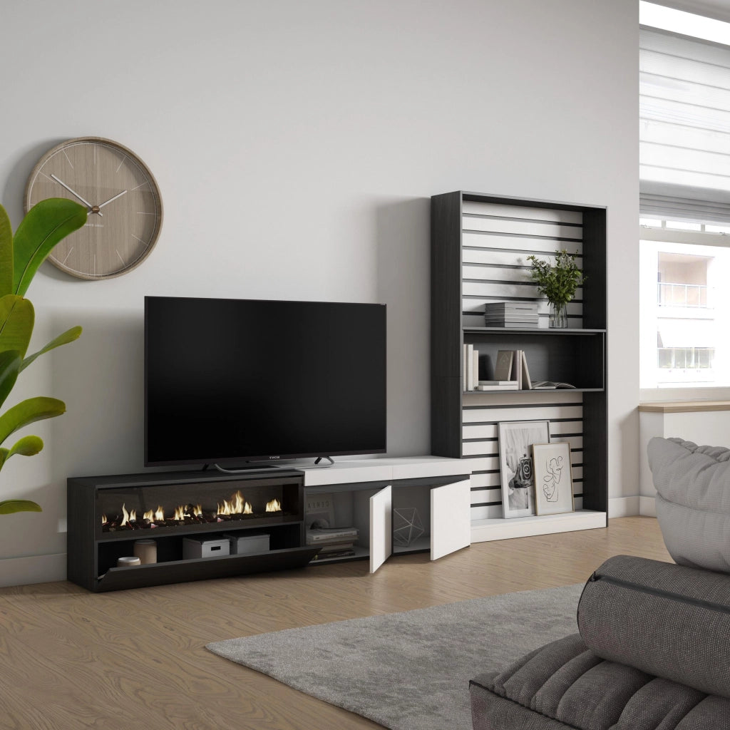 Mobile TV, Soggiorno, 310x35x186cm, Per TV fino a 80", Camino elettrico, Bianco e nero RF2853