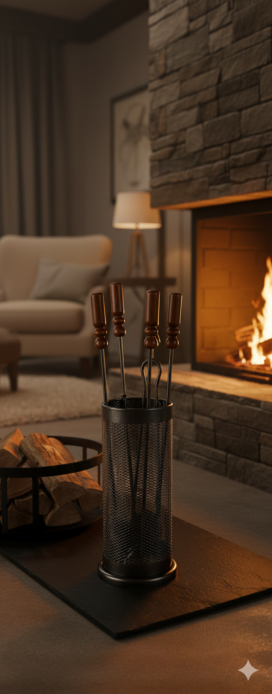 Trespolo per Attrezzi Camino Barilotto a Rete con Paletta Scopino Attizzino e Pinza Ø18x62 cm in Ferro e Legno Grigio