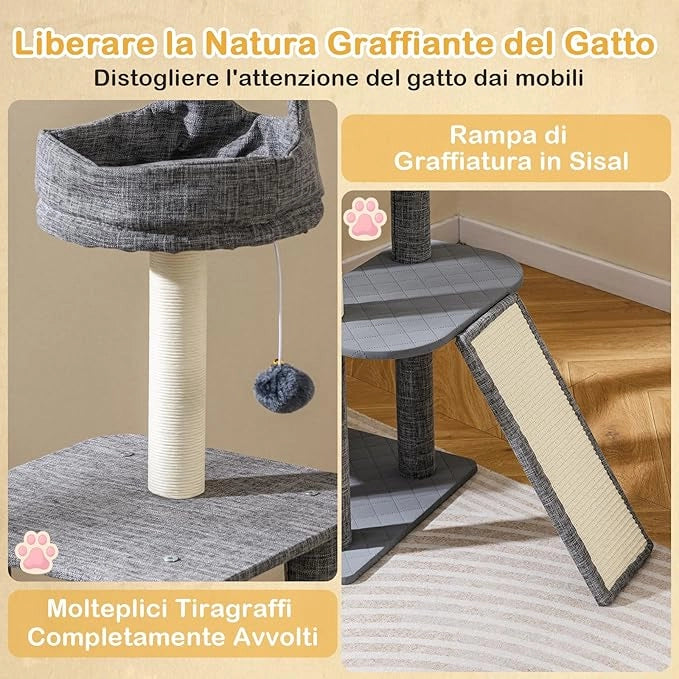 Tiragraffi per Gatto Alto 117 cm, Albero Tiragraffi Gatto con 5 Piattaforme, 2 Pali Sisal e Pallina Pompon, Torre Tiragraffi per Gatti con Grotta e Trespolo, Grigio