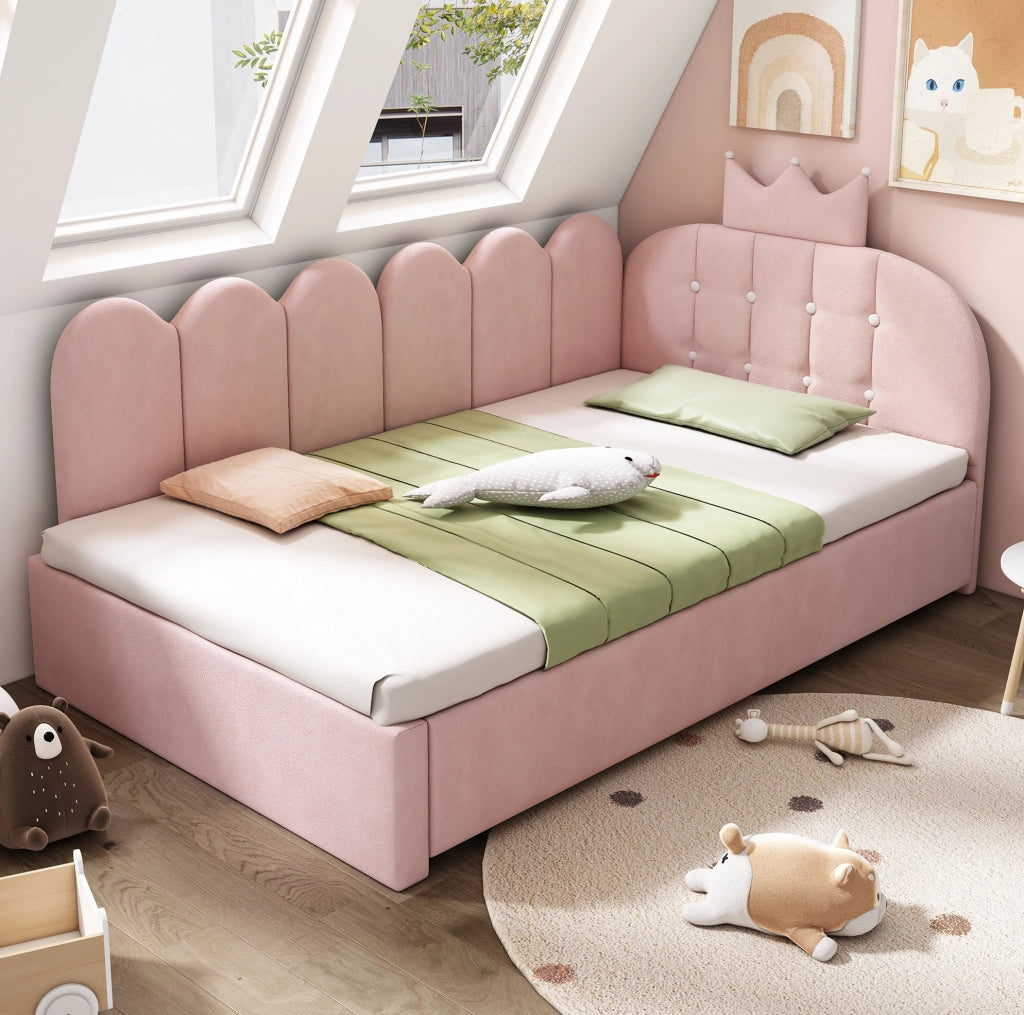 Letto daybed a L con letto estraibile 90x200 cm in velluto rosa; design corona e griglia