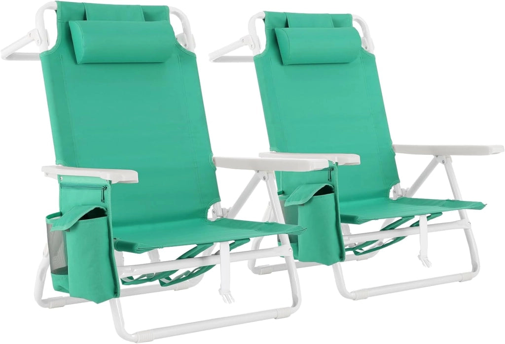 Sedia da Spiaggia Pieghevole, Leggera, Confezione da 2, Sedia Pieghevole Portatile a Zaino, Sedia da Campeggio, Reclinabile, Capacità di Carico fino a 150 kg, Sedia Pieghevole da Esterni
