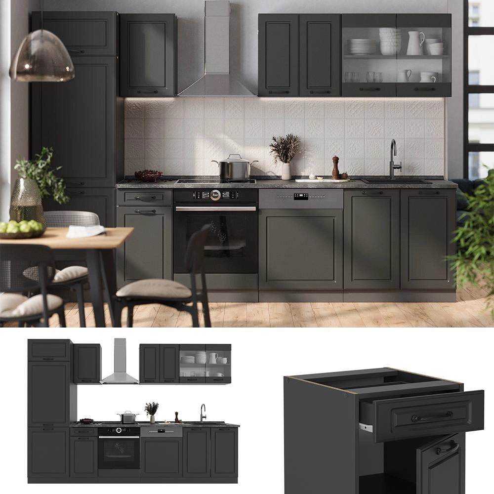 Cucina componibile R-Line Antracite rustico/Antracite 300 cm senza piano di lavoro Vicco