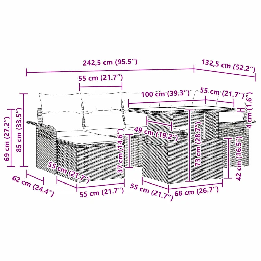 Set Divano da Giardino 7 pcs Grigio chiaro Poly Rattan