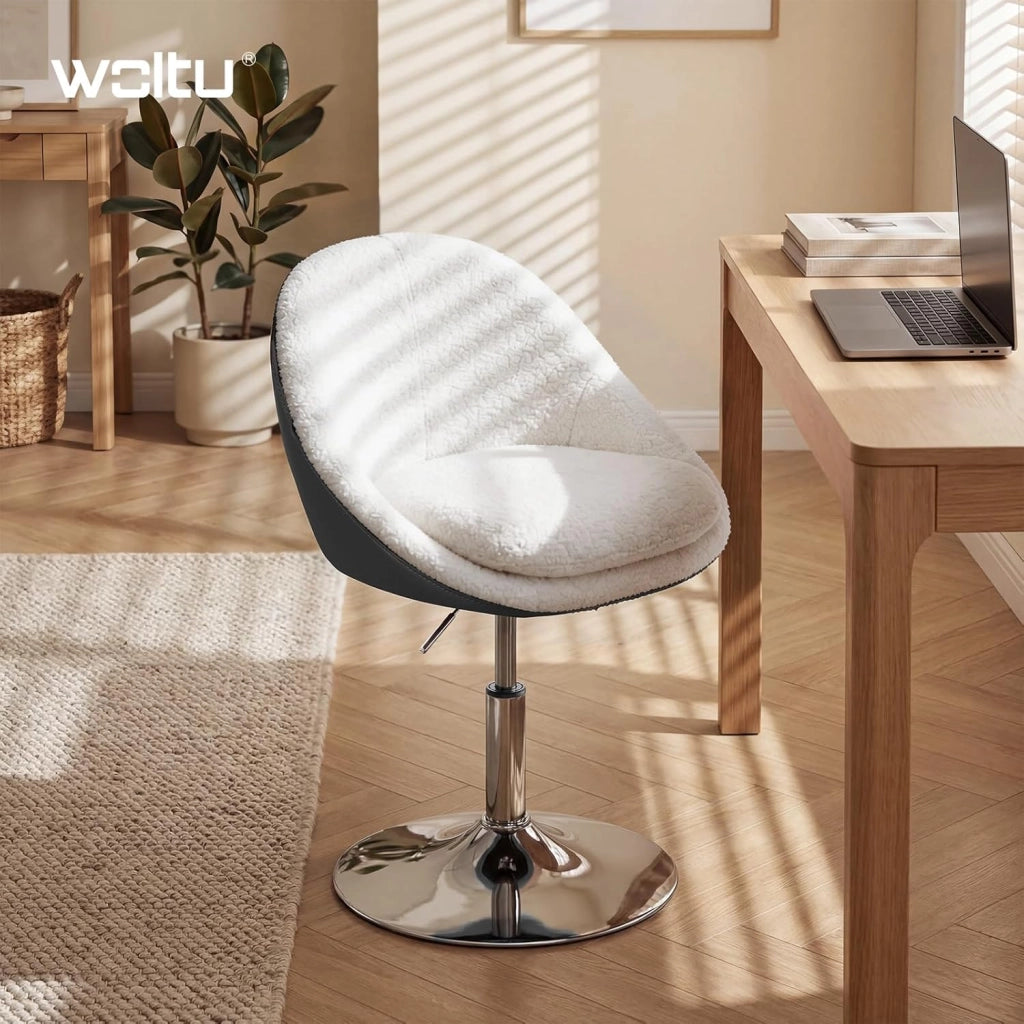 Sgabello per Toeletta Trucco con Schienale, Sedia Moderna Sala da Pranzo Girevole a 360°, Altezza Regolabile, in Tessuto Teddy e PU, per Camera da Letto, Ufficio Domestico, Bianco+Grigio
