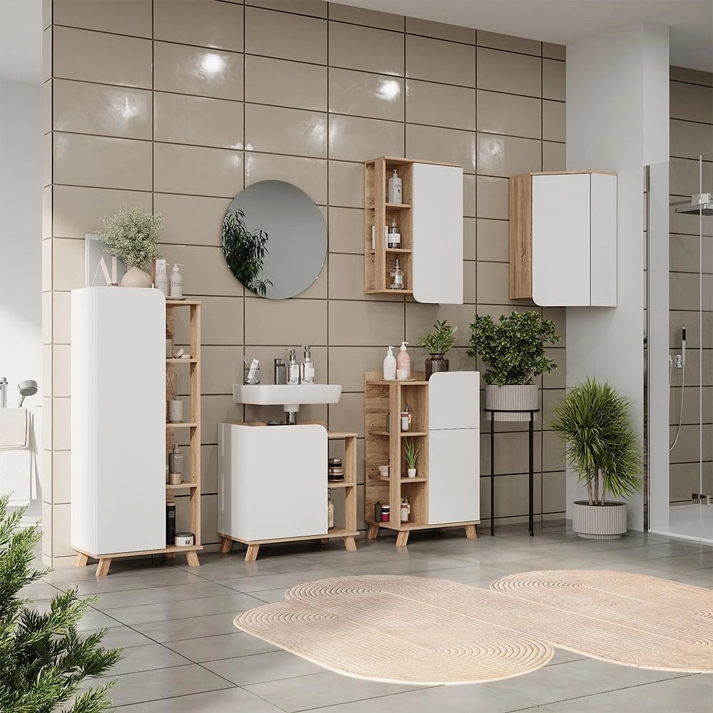 Set di mobili da bagno Karen, Sonoma/Bianco, 60 cm, composto da specchio, pensile, pensile angolare, armadio medio, base lavabo e base