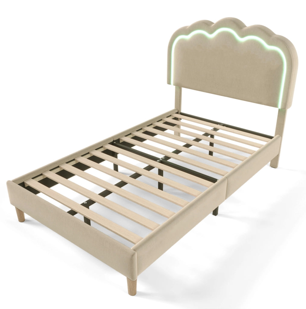 Letto imbottito 90x200 cm; testiera LED regolabile; lino; beige (Senza materasso)