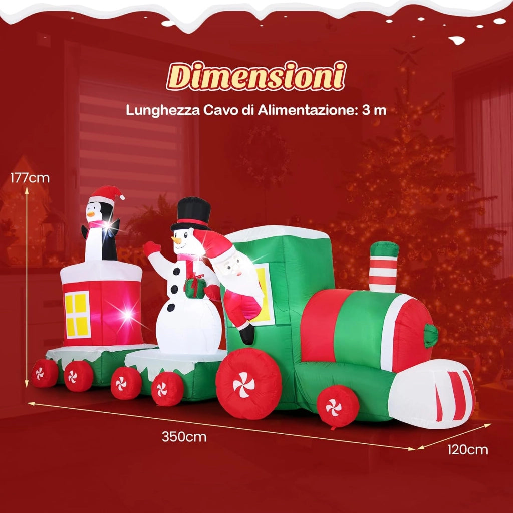 Treno di Natale Gonfiabile 350 cm con Pupazzo di Neve e Luci LED | Decorazione Natalizia da Esterno con Babbo Natale alla Guida, Pinguino e Scatola Regalo per Festa, Giardino e Cortile