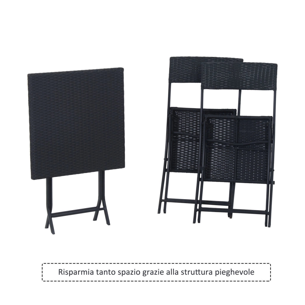 EasyComfort Set da Giardino Pieghevole da 3 Pezzi in Rattan PE e Metallo, Set 2 Sedie e Tavolino da Caffè, Protezione dai Raggi UV, Set di Mobili da Balcone, per Patio e Cortile, Nero