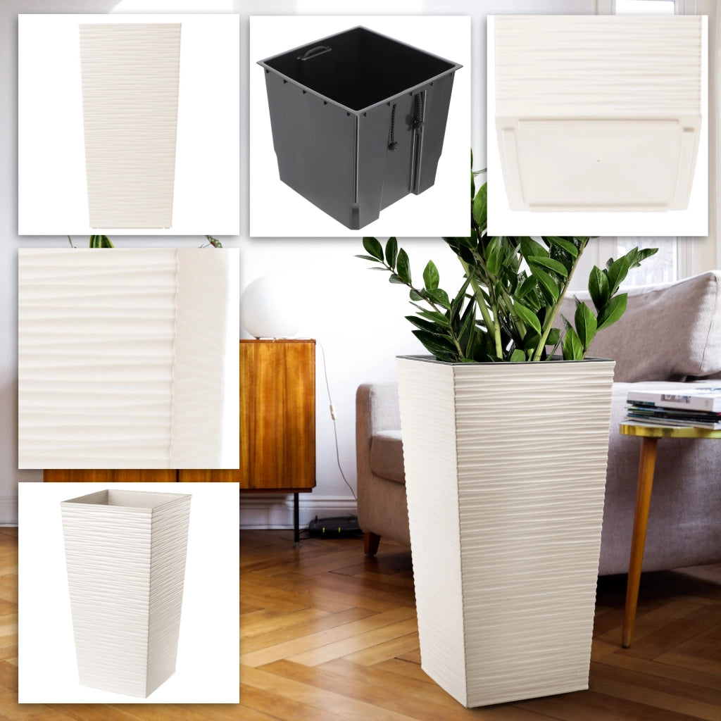 Vaso da fiori KADAX con inserto, coperchio, supporto per fiori, alto, da giardino, color crema, 29x57 cm