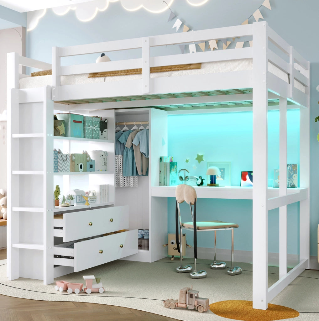 Letto a soppalco 140x200 bianco con scrivania, LED e armadio