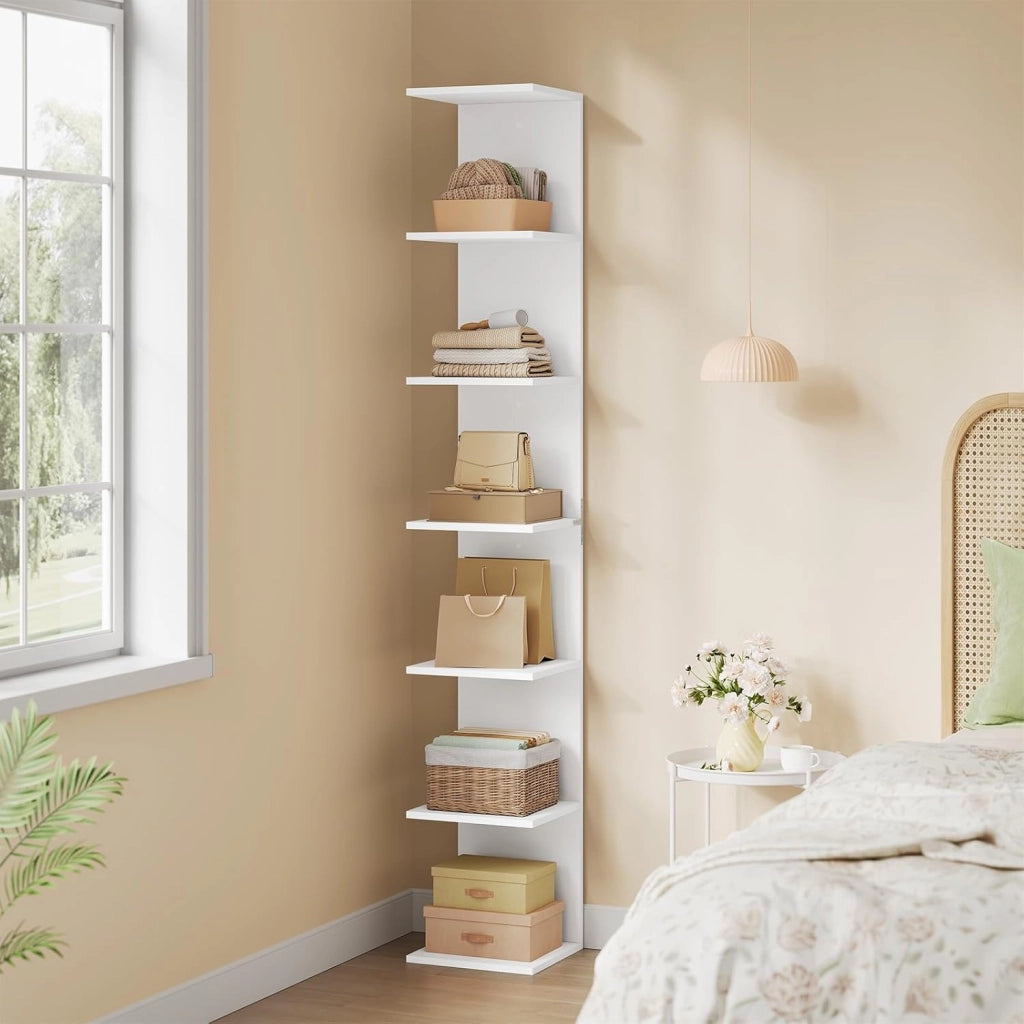 Scaffale Angolare Modulabile, Libreria a Muro 7 Livelli o 2 Scaffali Indipendenti da 4 Livelli, in Legno per Soggiorno, Camera da Letto, Cucina, Colore Bianco