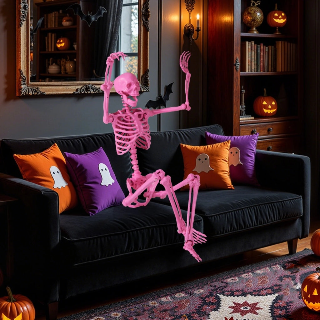 Scheletro di halloween da 160 cm, Scheletro a grandezza naturale con giunture mobili per decorazioni da cimitero Rosa