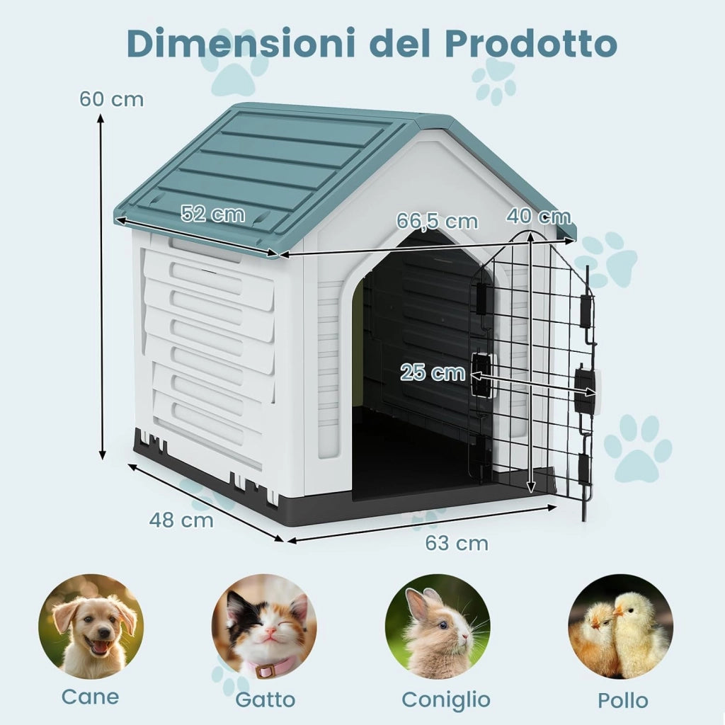Cuccia per Cani da Esterno ed Interno, Cassetta per Cani Impermeabile con Porta in Metallo Bloccabile e Prese d'aria e Tetto Spiovente, Cucce per Cuccioli per Casa, 66,5 x 52 x 60 cm (Blu)
