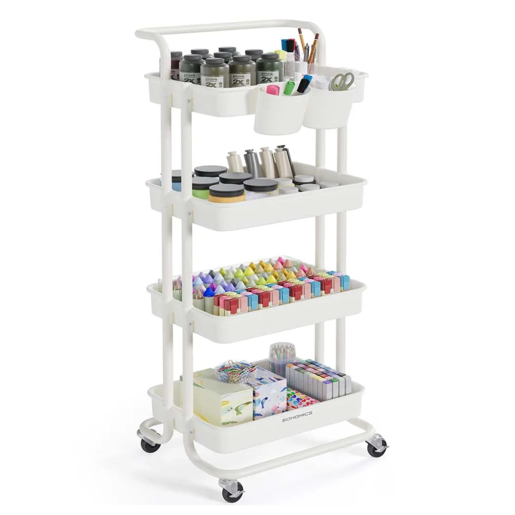Carrello di servizio mobile a 3 livelli con ruote ripiano portaoggetti con maniglia 2 pentole 2 freni cestini in plastica facile da montare per camera da letto cucina bianco 12_0007856