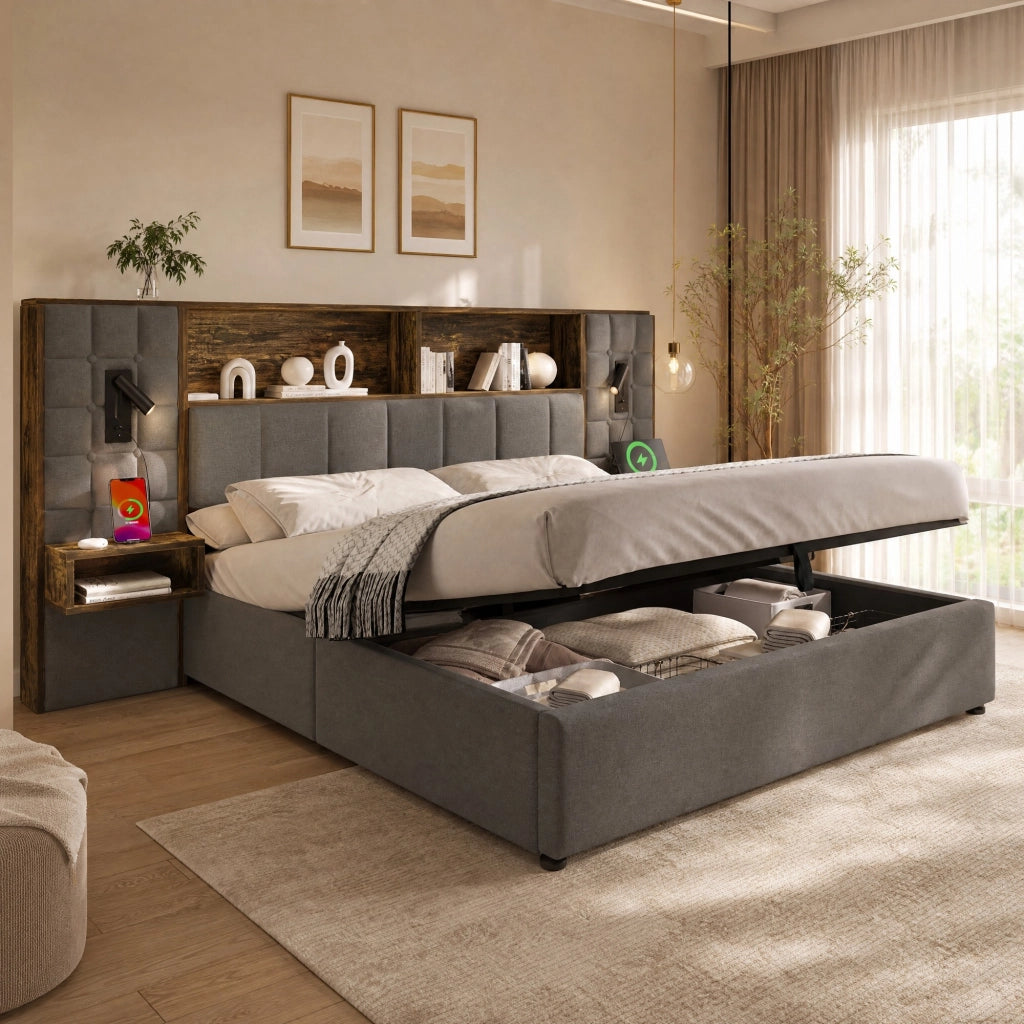 Letto matrimoniale 160x200 grigio con LED, USB-C e contenitore