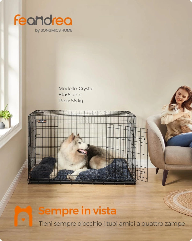 Feandrea Gabbia per Cani Pieghevole, con 2 Porte, Vassoio Rimovibile, 136 x 79 x 84 cm, XXXL, Nero PPD054B01
